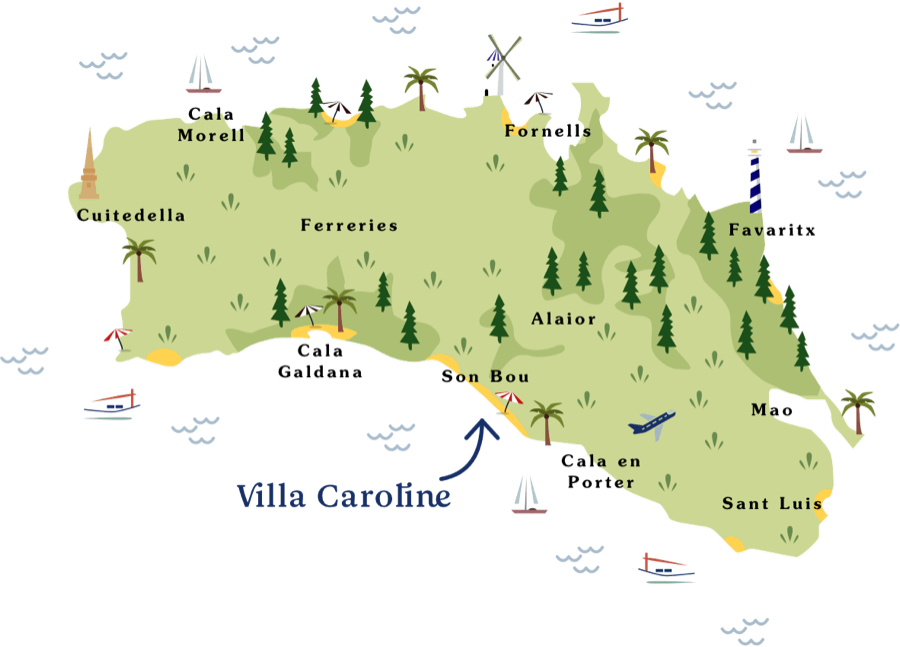 Carte illustrée de Minorque indiquant la Villa Caroline à Son Bou sur la côte sud, avec Ciutadella, Ferreries, Alaior, Maó, Fornells et Cala Galdana.